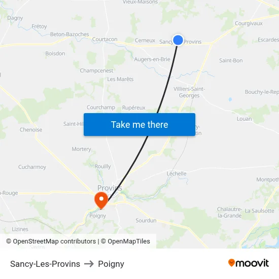 Sancy-Les-Provins to Poigny map