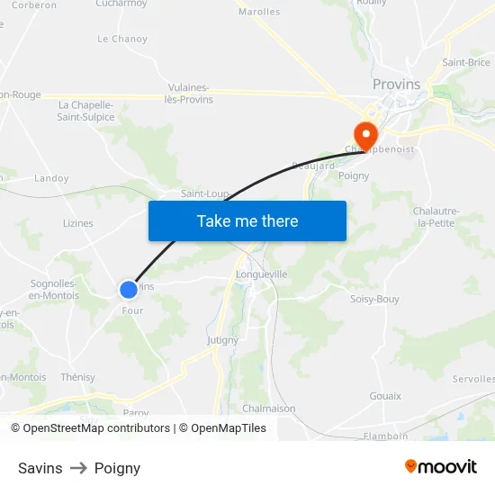 Savins to Poigny map
