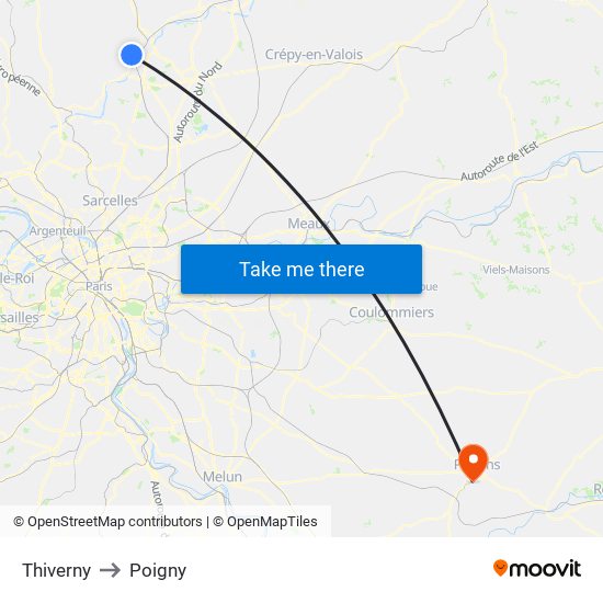 Thiverny to Poigny map