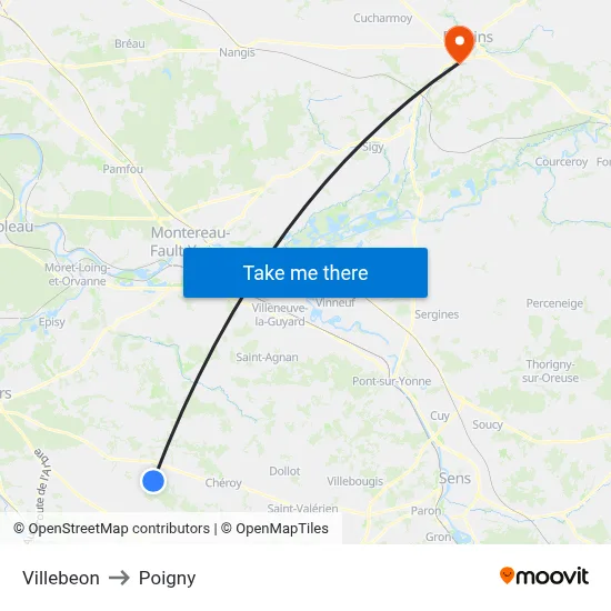 Villebeon to Poigny map