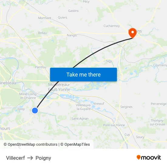 Villecerf to Poigny map