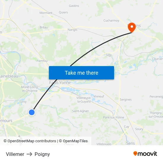 Villemer to Poigny map