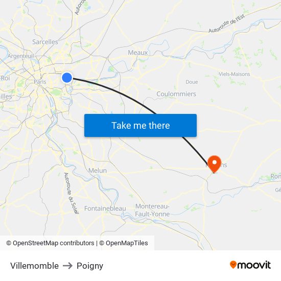Villemomble to Poigny map