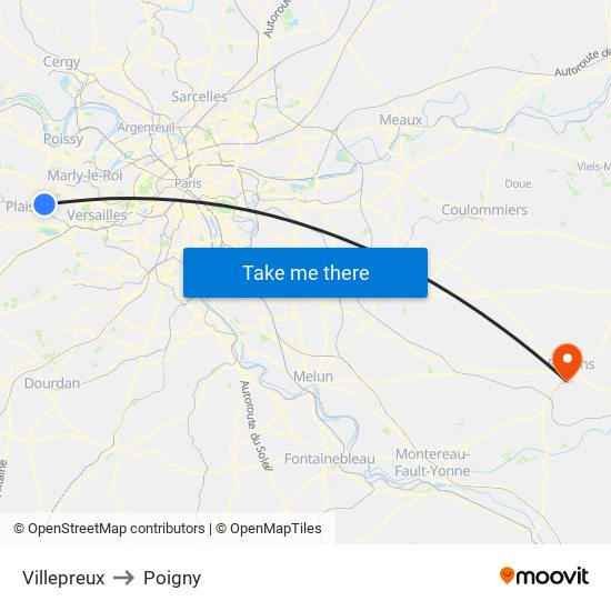 Villepreux to Poigny map