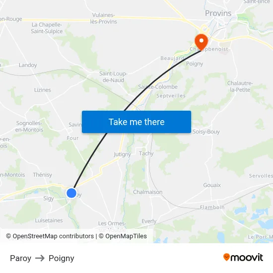 Paroy to Poigny map