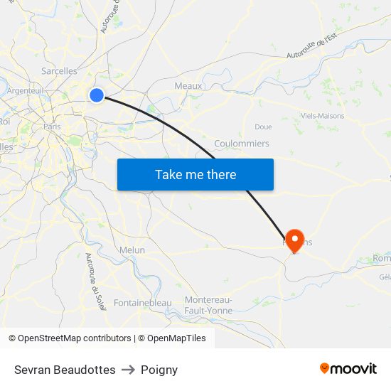 Sevran Beaudottes to Poigny map