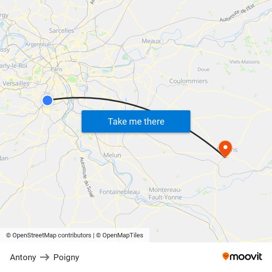 Antony to Poigny map