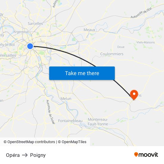 Opéra to Poigny map