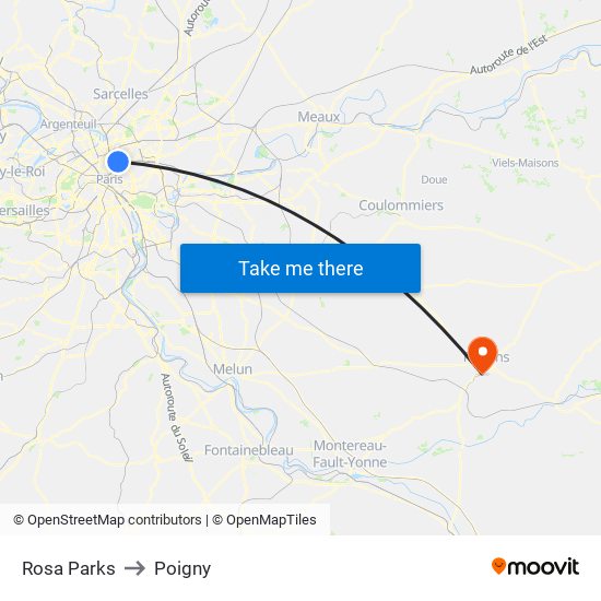 Rosa Parks to Poigny map