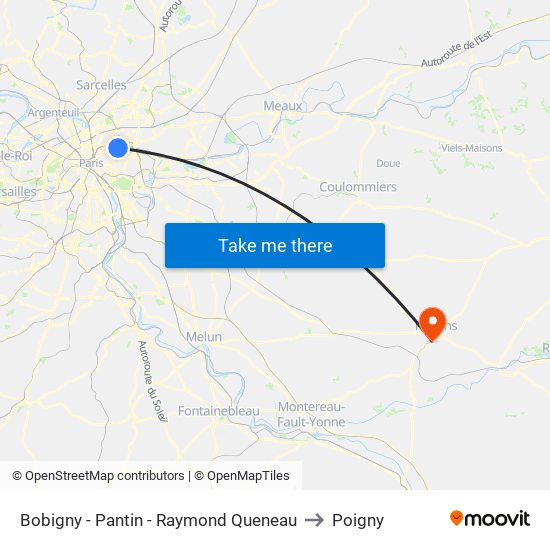 Bobigny - Pantin - Raymond Queneau to Poigny map