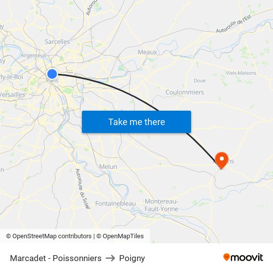 Marcadet - Poissonniers to Poigny map