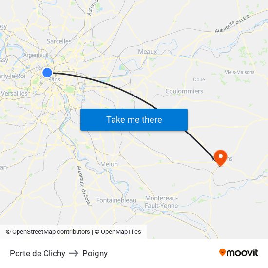 Porte de Clichy to Poigny map