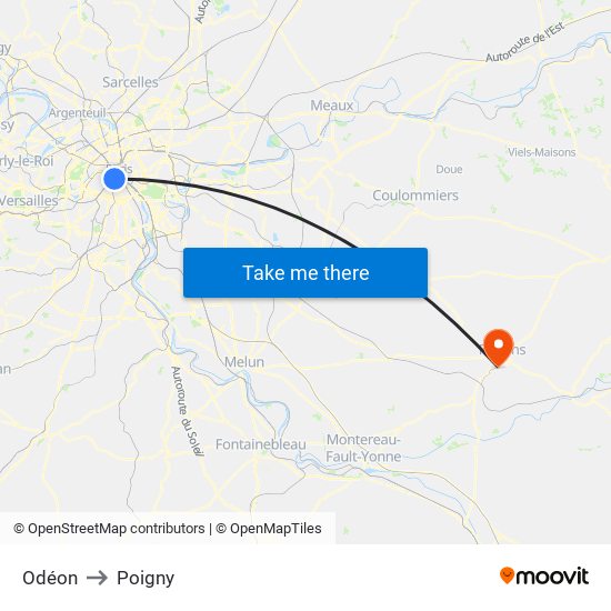 Odéon to Poigny map