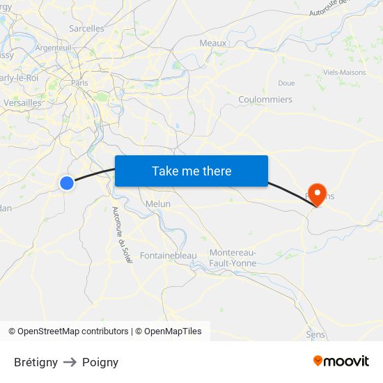 Brétigny to Poigny map