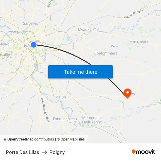Porte Des Lilas to Poigny map