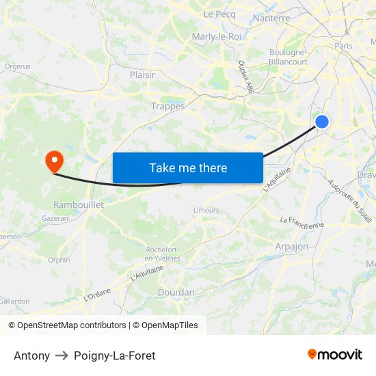 Antony to Poigny-La-Foret map