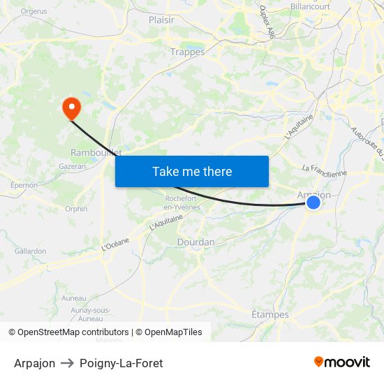 Arpajon to Poigny-La-Foret map