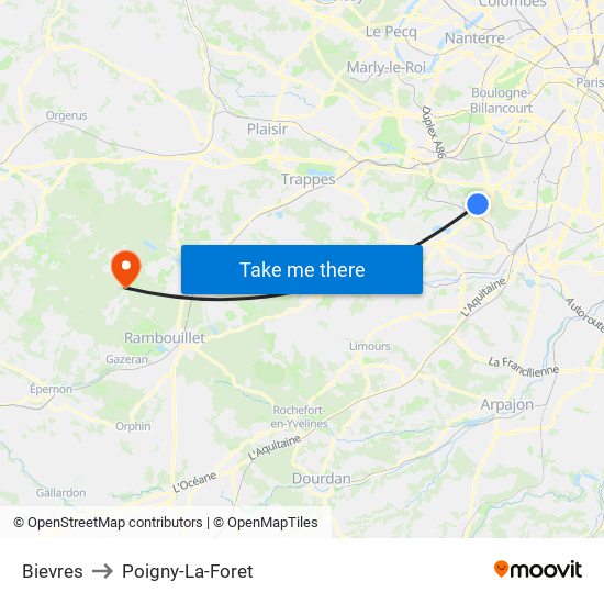 Bievres to Poigny-La-Foret map