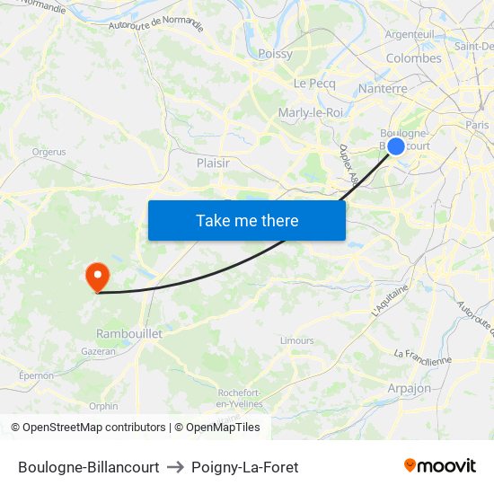 Boulogne-Billancourt to Poigny-La-Foret map