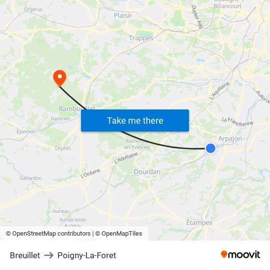 Breuillet to Poigny-La-Foret map