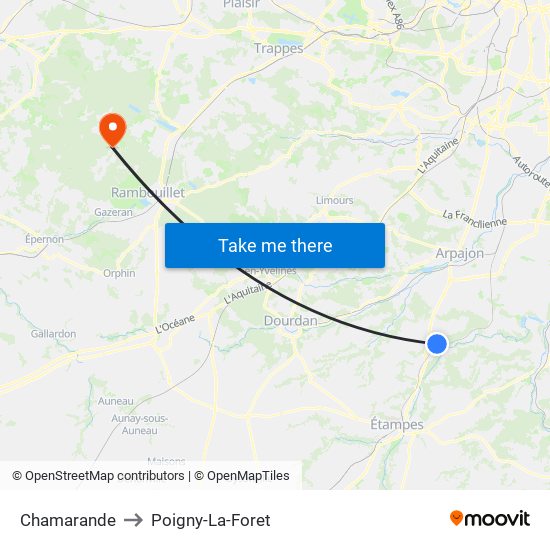 Chamarande to Poigny-La-Foret map