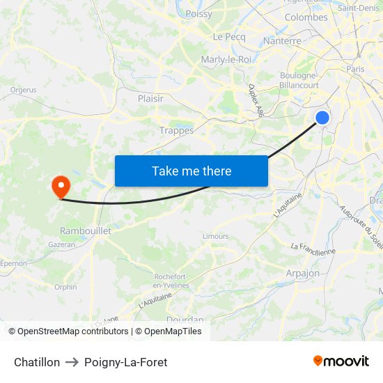 Chatillon to Poigny-La-Foret map