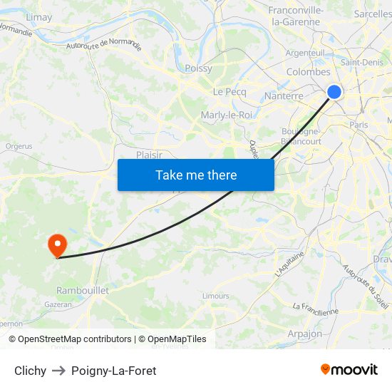 Clichy to Poigny-La-Foret map
