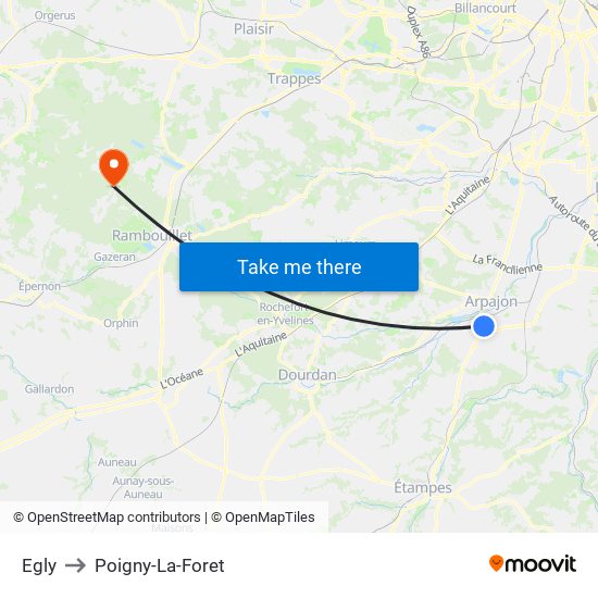 Egly to Poigny-La-Foret map