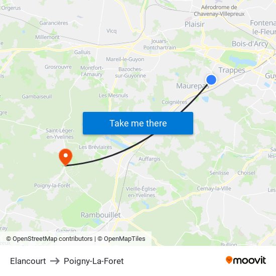 Elancourt to Poigny-La-Foret map