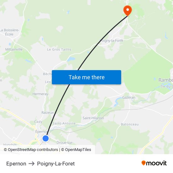 Epernon to Poigny-La-Foret map
