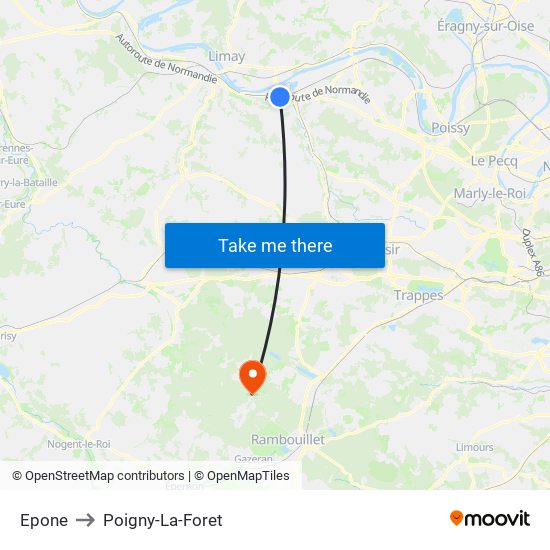 Epone to Poigny-La-Foret map