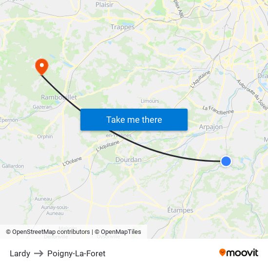 Lardy to Poigny-La-Foret map