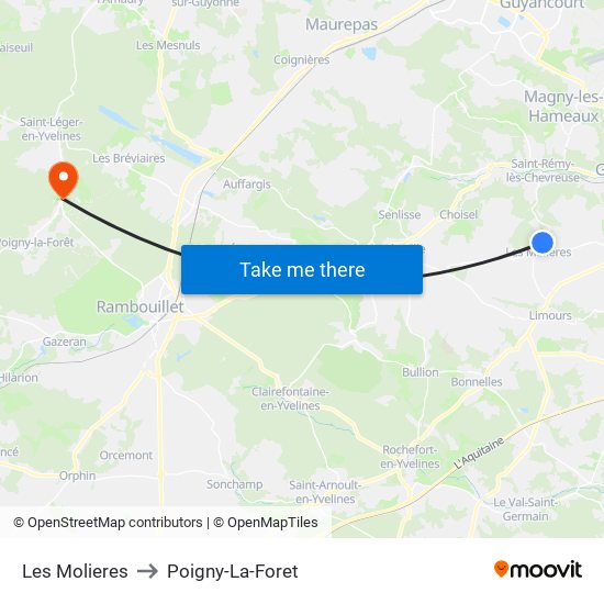 Les Molieres to Poigny-La-Foret map