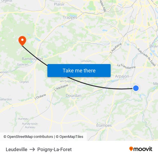 Leudeville to Poigny-La-Foret map