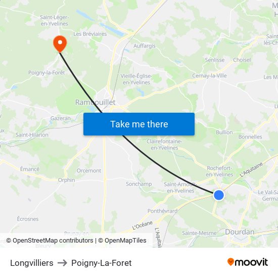 Longvilliers to Poigny-La-Foret map