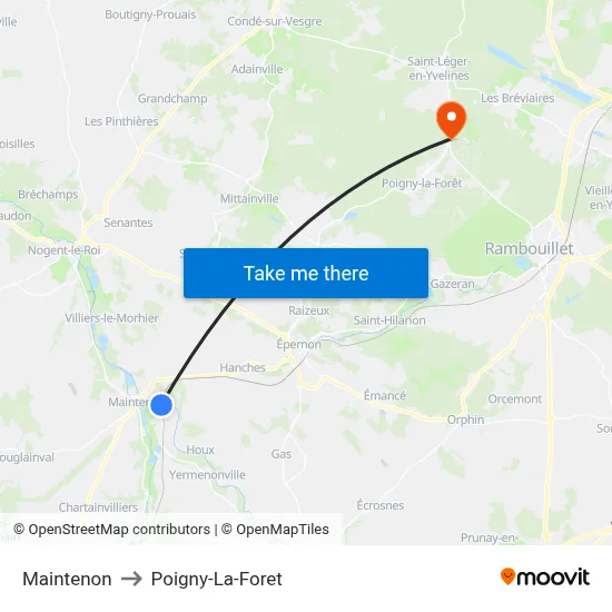 Maintenon to Poigny-La-Foret map