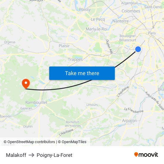 Malakoff to Poigny-La-Foret map