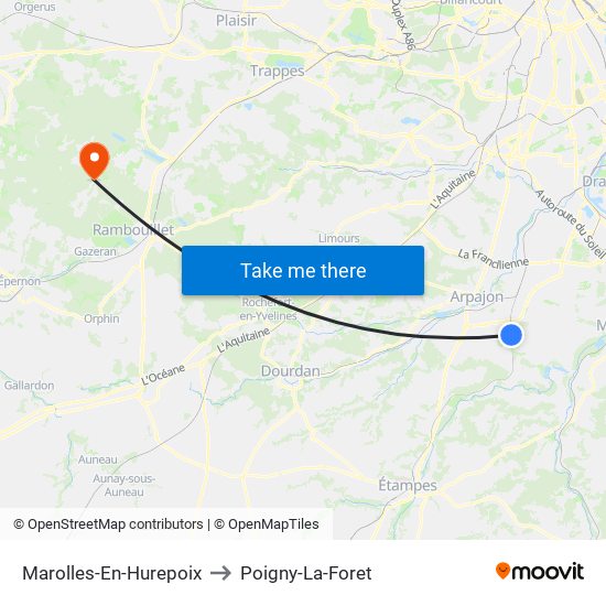 Marolles-En-Hurepoix to Poigny-La-Foret map