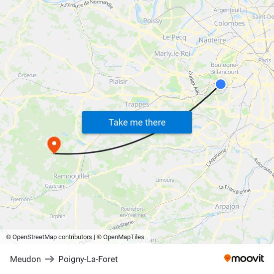 Meudon to Poigny-La-Foret map