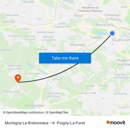 Montigny-Le-Bretonneux to Poigny-La-Foret map
