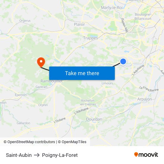 Saint-Aubin to Poigny-La-Foret map