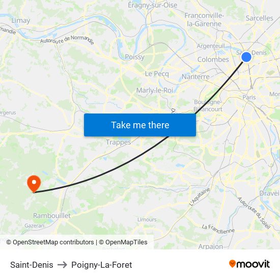 Saint-Denis to Poigny-La-Foret map