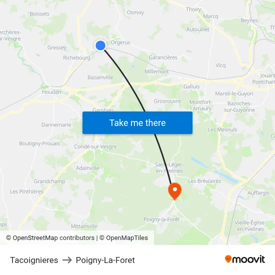 Tacoignieres to Poigny-La-Foret map