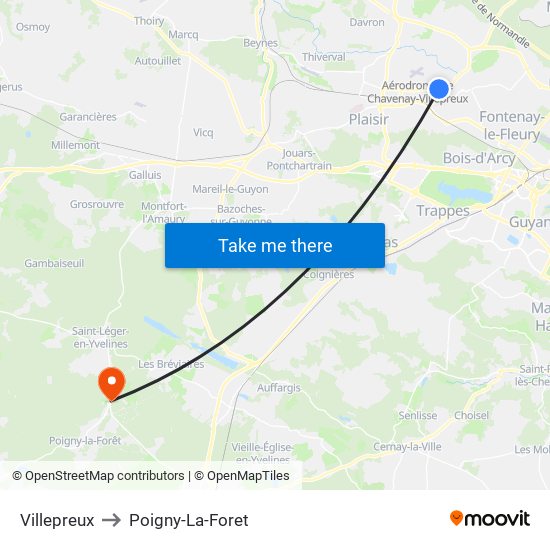 Villepreux to Poigny-La-Foret map