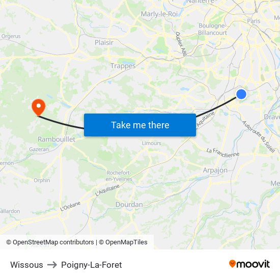 Wissous to Poigny-La-Foret map