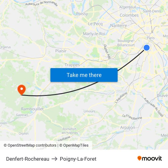 Denfert-Rochereau to Poigny-La-Foret map
