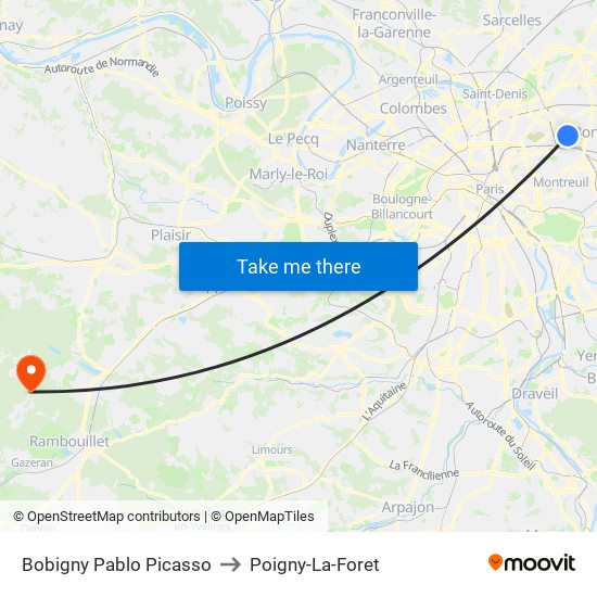 Bobigny Pablo Picasso to Poigny-La-Foret map