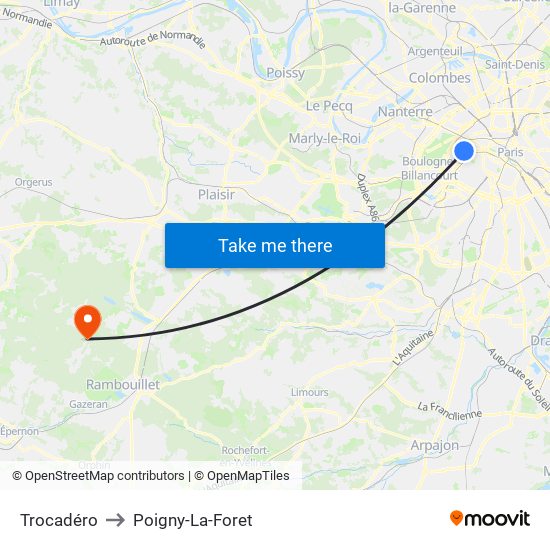 Trocadéro to Poigny-La-Foret map