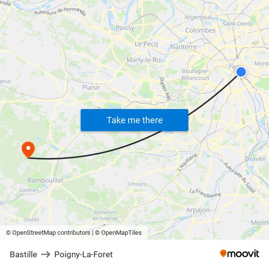 Bastille to Poigny-La-Foret map