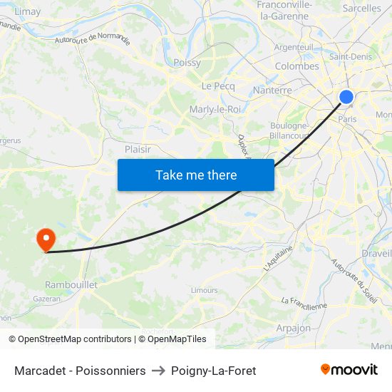 Marcadet - Poissonniers to Poigny-La-Foret map